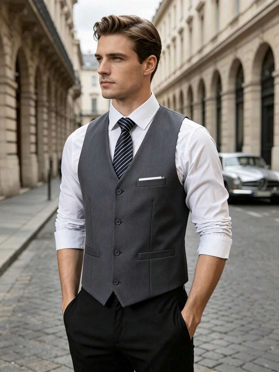 Men's Slim Fit Formal Suit Vest, Solid Color Business Sleeveless Vest