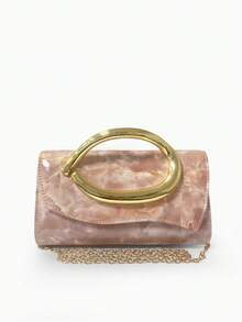 Dedoo 1pc Fashion Metal Decor Mini Box Clutch, Elegant Shiny Metal Strip Design, Luxury Style For Women, Suitable For Evening Party, Wedding, Ball - Pink - View 9