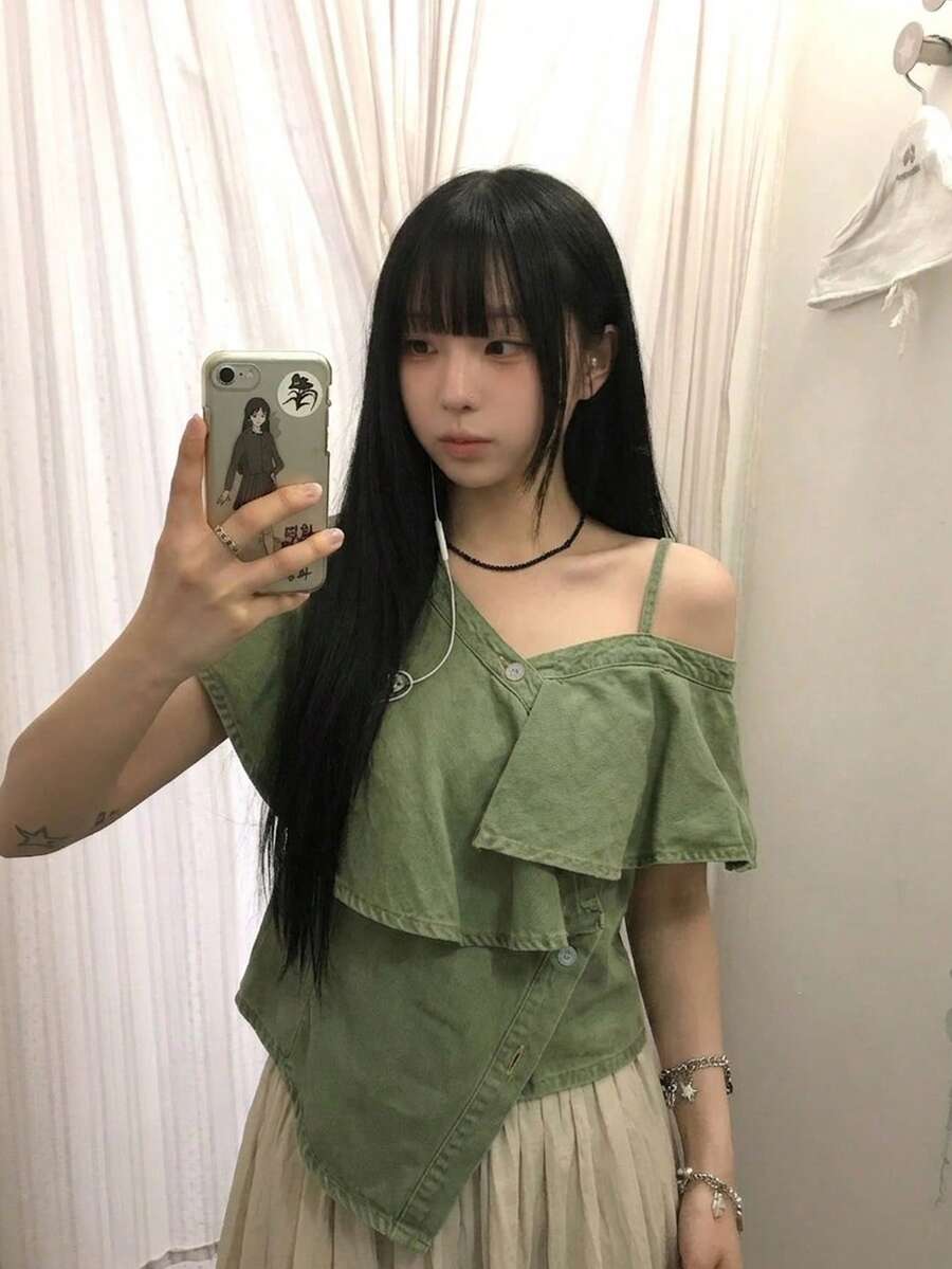 小碼露肩牛仔拼接短版細肩帶上衣套裝,時尚顯瘦休閒風 - 藍色 - 查看 1