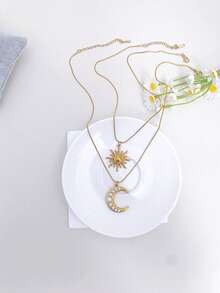1pc Stainless Steel Waterproof Non-Fading Vintage Smiling Face Moon Sun Pendant Necklace Choker Chain Suitable For Women's Daily Wear - Large Gold - View 10
