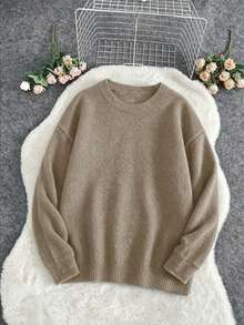 Plus Size Women's Solid Color Long Sleeve Crew Neck Regular Fit, Ideal Choice For Autumn Winter Fall - Khaki - View 1