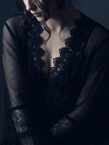 Women Black Sheer Mesh Kimono Robe Floral Lace V Back Flare Sleeve Tie Waist Maxi Loungewear - Black - View 5