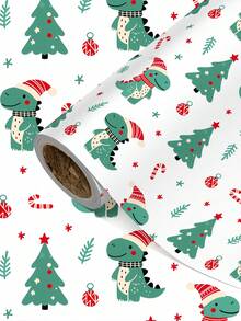 3/2/1 Roll Of Christmas Gift Wrapping Paper Featuring A Cartoon Dinosaur Wearing A Santa Hat; Made Of Coated Paper; Dimensions: 43 Cm X 300 Cm; Suitable For Wrapping Christmas Gifts, Christmas Party Decorations, And Holiday Gift-Giving. - A - View 1