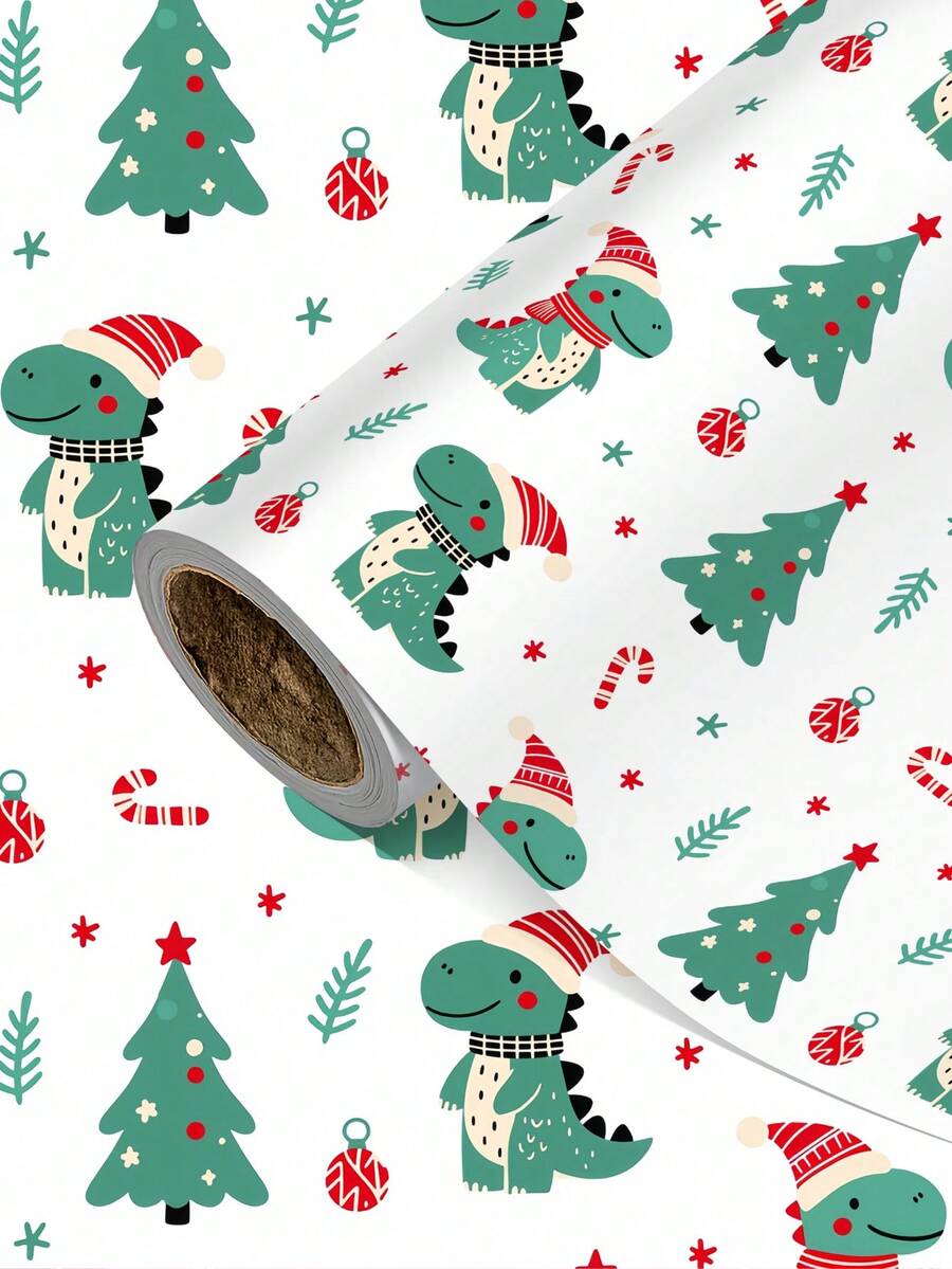 3/2/1 Roll Of Christmas Gift Wrapping Paper Featuring A Cartoon Dinosaur Wearing A Santa Hat; Made Of Coated Paper; Dimensions: 43 Cm X 300 Cm; Suitable For Wrapping Christmas Gifts, Christmas Party Decorations, And Holiday Gift-Giving. - A - View 1