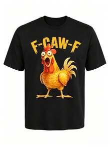 Chicken Pattern And Text Print, Humorous Fun Design Suitable For Daily Wear, Parties, And Entertainment, Breathable, Casual Short Sleeve Shirt (Black) - style1 - 查看 1