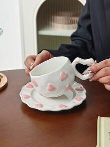 1 Set Pink Heart Embossed Ceramic Coffee Cup And Saucer, Breakfast Milk Cup Latte Coffee Cup Set, Suitable For Home, Cafe, Valentine's Day Gift, Mother's Day, Thanksgiving, Gift For Family And Friends - Multicolor - View 6