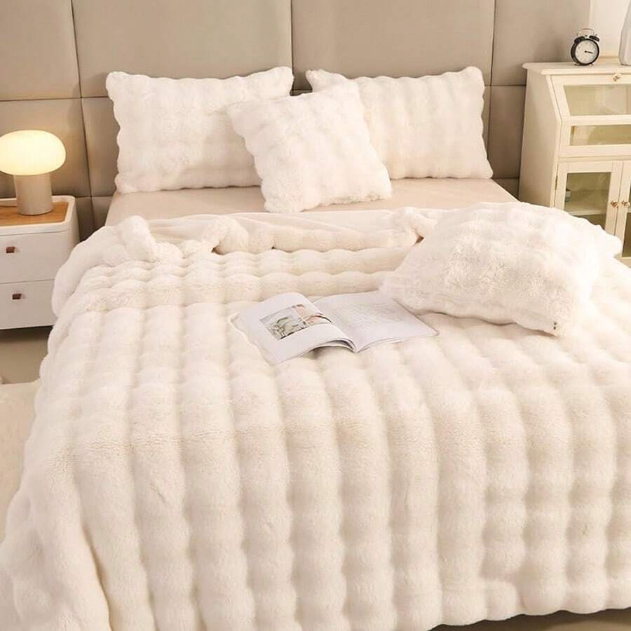 EDIMENS Faux Rabbit Fur Throw Blanket For Sofa, Reversible, Soft And Fluffy, Thick And Warm Plush Blanket For Sofa, Bed And Armchair, Decoration - 乳白色 - 查看 1