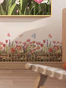 1pc Floral Fence Butterfly Tulip Daisy Lavender Wall Decor Sticker, Removable Room Decoration Wall Decal For Bedroom, Living Room, Entryway - 1PC - View 4
