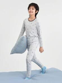 Balabala Boys Thermal Underwear Set Soft Cotton Long Sleeve Base Layer Pajama Set Autumn Winter Wear - Gray Blue - View 4