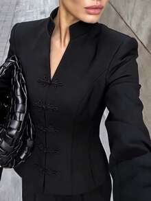 Jaket Wanita Elegan Gaya Cina Baru Kancing Katak Leher V Terbuka Depan Lengan Panjang Pas Pinggang Slim Fit (Dengan Bantalan Bahu) Warna Polos Cocok untuk Perjalanan Sehari-hari Kencan - Hitam - View 4