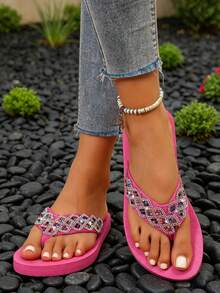 Women's Fuchsia Rhinestone Wave Pattern Thong Sandals, Full Rhinestone Toe Strap Beach Slippers, Summer Outdoor Anti-Slip Flat Slides - Hot Pink - View 5