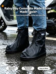 Mid-Calf Zipper PVC Waterproof Shoe Covers, Non-Slip Thickened Wear-Resistant Rain Boots, Unisex, Outdoor Travel Rain Shoe Covers, Recommended To Buy One Size Larger For Better Fit - Black - View 2