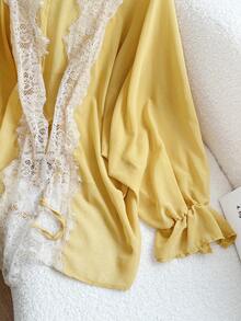 FGGG Women's Spring/Summer Light Yellow Deep V-Neck Lace Patchwork Lantern Sleeve Romantic Casual Commute Vacation Date Chiffon Cover Up - Yellow - View 7