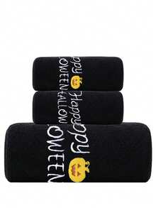 Halloween Letter Pumpkin Embroidered Towel Set, Soft Absorbent Black Microfiber Bath Towel, Spooky Halloween Decor Hand Towel For Bathroom, 1/3pcs Holiday Gift Towels - Black - View 14