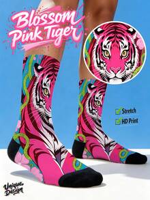 Cool 360° Printed Men's Socks - Street Style Socks, Handsome Alpaca, Sakura Pink Tiger, Floral, Colorful, Fun Socks, Suitable For Daily, Holiday And Party Occasions - Rose Red - View 8