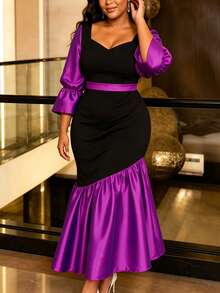 AOMEI Women's Elegant Charming Color Block Square Neck Flare Sleeve Slim Fit Ruched Bodycon Dress For Birthday Party And Formal Dinner - Purple - View 5