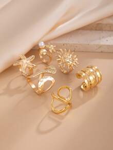 6pcs Vintage Bohemian Vacation Style Gold Flower & Starfish Ring Set, Stackable Rings, Women's Fashion Jewelry - Yellow Gold - View 4