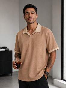 Blueprint Man 1件男士 Polo 衫，杏色對比領無鈕扣 Polo 衫，紋理垂墜仿亞麻面料，舒適輕盈透氣涼爽，抗起球吸汗，成熟休閒商務通勤風，日常通勤商務休閒夏季度假旅行老錢風，請選擇小一號尺寸以獲得更好貼合度 - 咖啡棕 - 查看 2