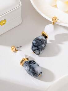 Textured White Lake Blue Marble Acrylic Long Drop Earrings - White Marble Lake Blue - View 9
