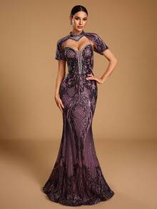 GIFORU Women's Elegant Romantic Deep V-Neck Rhinestone Mermaid Cocktail Dress, Sequin Decorated Party Long Gown, Unique Fashion Wedding Fall - Lilac Purple - View 2
