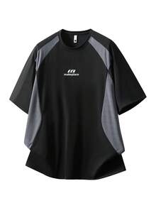 Plus Size Sports T-Shirt, Quick-Dry Fabric Fashionable Casual Round Neck Short Sleeve T-Shirt, Suitable For All Seasons - Black - View 1