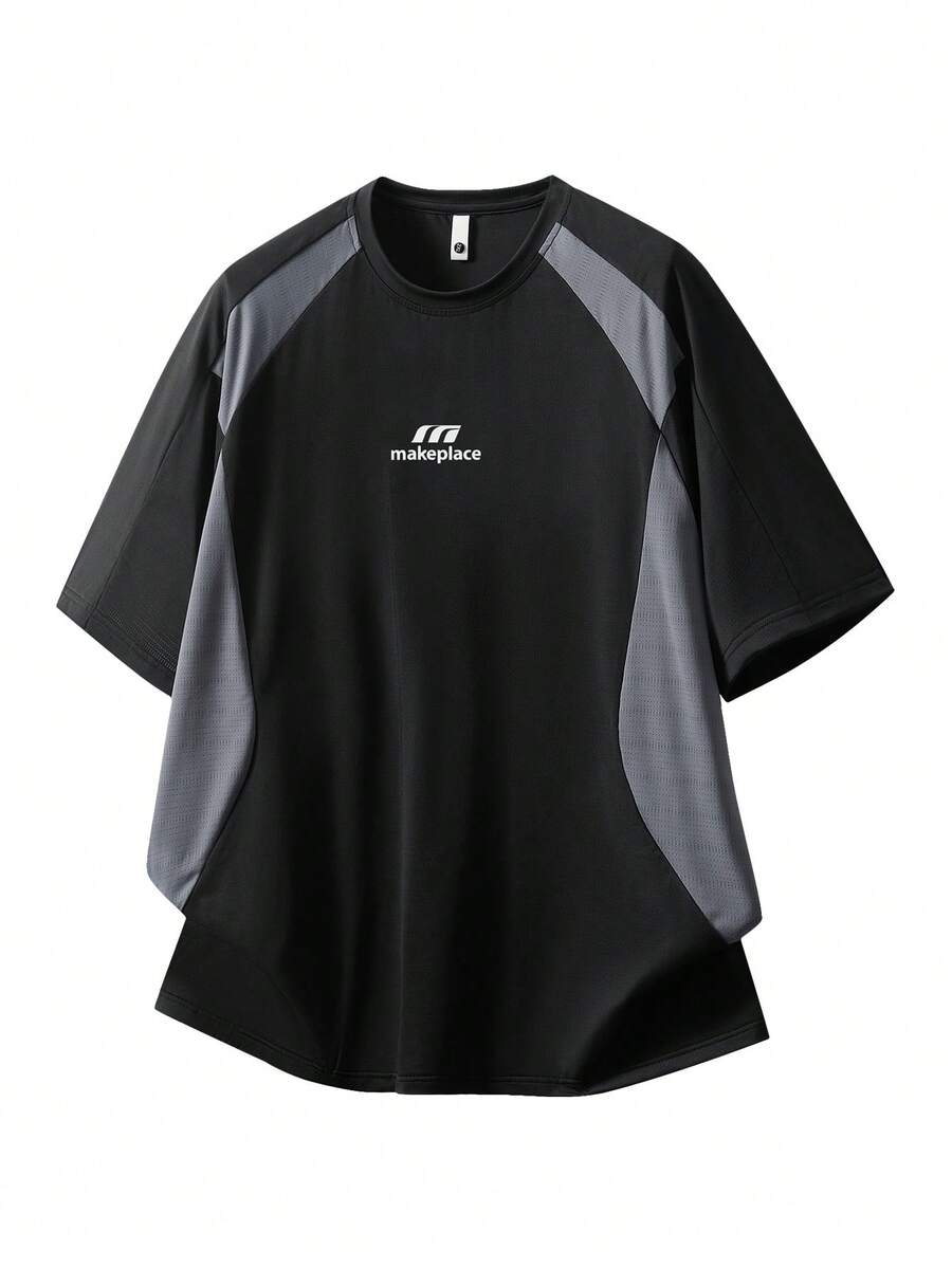 Plus Size Sports T-Shirt, Quick-Dry Fabric Fashionable Casual Round Neck Short Sleeve T-Shirt, Suitable For All Seasons - Black - View 1