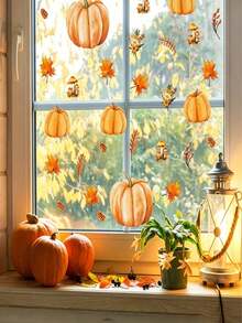 1pc Home Decor Autumn Harvest Theme Wall Sticker - Vibrant Pumpkin, Maple Leaf, Floral Static Cling, Reusable PVC Double-Sided Color Glass Window Sticker, Suitable For Living Room, Bedroom, Study, Door And Window - A - View 1