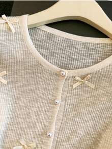 Women's Bowknot Ruffle Lightweight Knit Cardigan, French Girl Gentle Style Top - Apricot - View 3