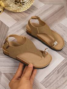 1 Pair Toddler Anti-Slip Soft Cork Sole Toe Strap Sandals With Rhinestone Decor And Adjustable Buckle, Suitable For Summer Daily Wear - Brown - View 2
