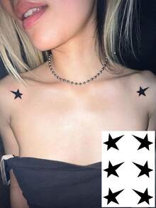 1 Hoja de Pegatina de Tatuaje Temporal de Estrella de Cinco Puntas Sólida y Afilada Simétrica para el Hombro, Tatuaje Falso Celestial Resistente al Agua y Duradero con Estilo Atrevido, Calcomanía de Arte Corporal para Clavícula Cuello Pecho Costillas y Brazo Superior - Negro - Ver 1