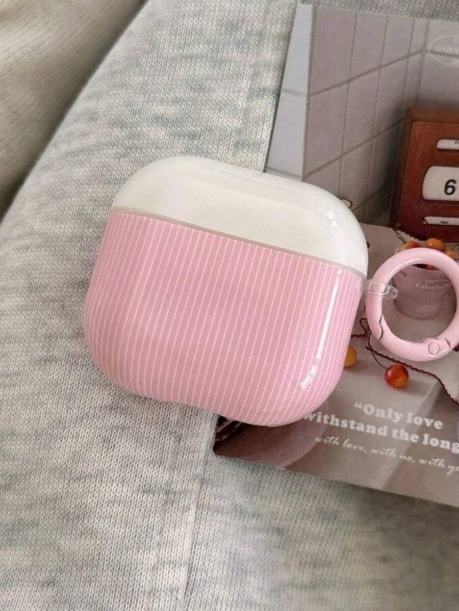 Minimalist Solid Color Striped Hanging Decor Compatible With Apple Earbuds Case 2nd Gen Wireless Bluetooth Protective Shell - Pink - View 1