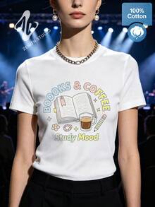 BOOKS & COFFEE Cozy Reading Print Cotton Short Sleeve T-Shirt Library Academic Aesthetic Style Gift - 白色 - 查看 3