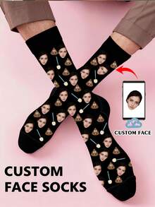 Unisex Custom Female Face Poop & Toilet Brush Print Black Polyester Mid-Calf Crew Socks For Daily Casual Wear & Funny Prank Gift - Multicolor - View 1