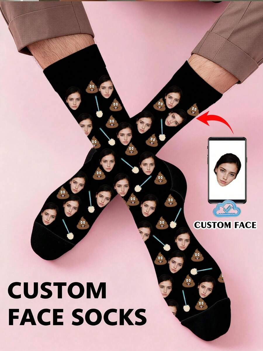 Unisex Custom Female Face Poop & Toilet Brush Print Black Polyester Mid-Calf Crew Socks For Daily Casual Wear & Funny Prank Gift - Multicolor - View 1