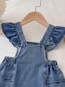 Cute & Playful Baby Girl Denim Romper With Ruffle Flutter Sleeves, Chest Embroidery, Adjustable Button Shoulder Straps - Medium Wash - View 6