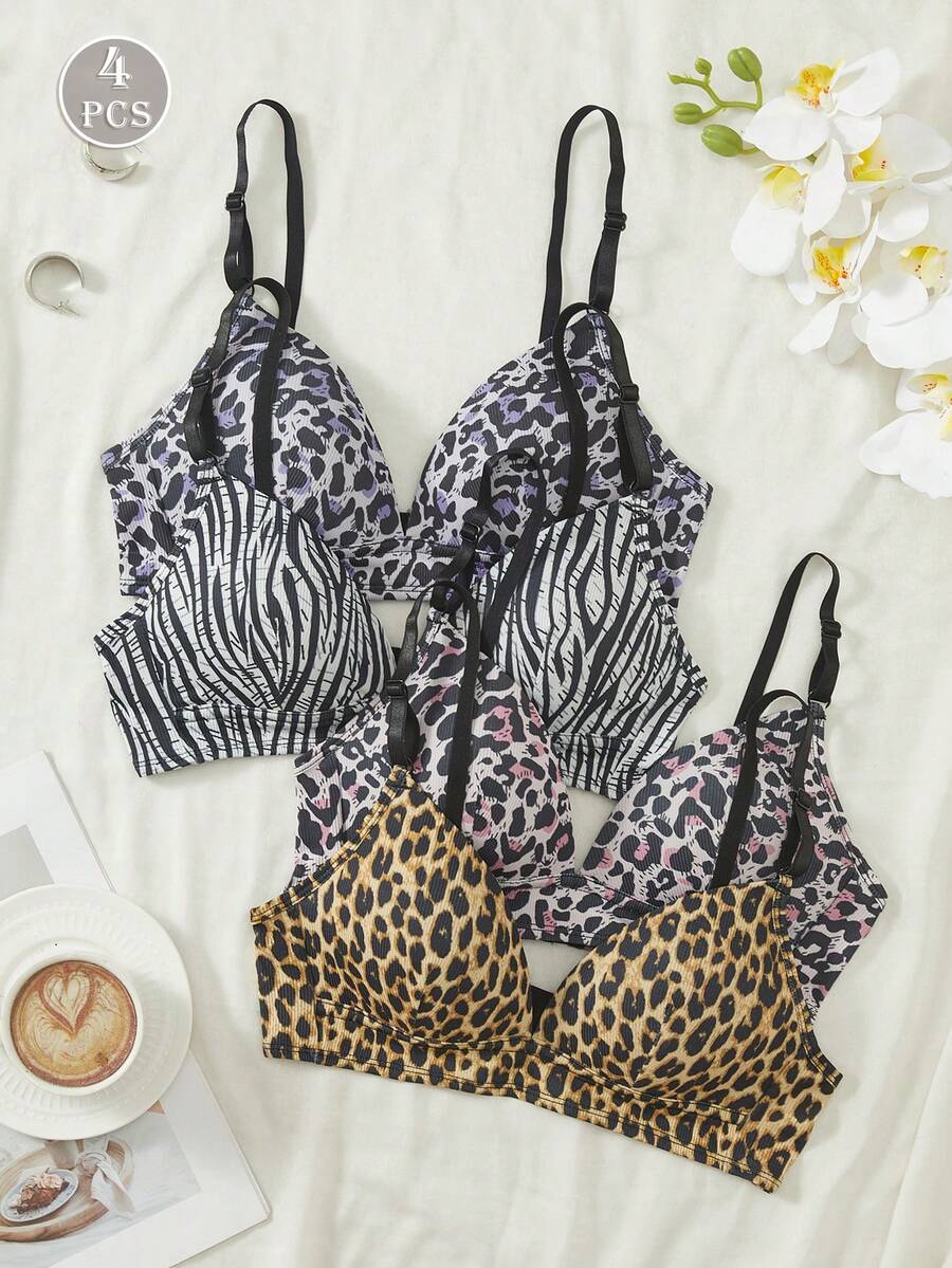 4-Piece Set Of Women's Leopard Print Three-Button Adjustable Shoulder Strap Bra With French Fixed Cups