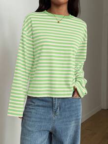 Women's Casual Striped Colorblock Ribbed Top, Everyday Spring/Autumn Wear - Avocado Green - View 8