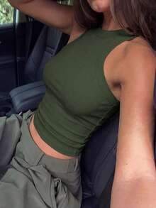 女款夏季襯衫上衣，休閒白色 Y2K 辣妹風圓領無袖背心 - 軍綠色 - 查看 6