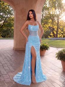 ADYCE Elegant Long Sequin Off-Shoulder Hollow Fishbone Structure High Waist Ruffle Tie Split Tank Style Ball Gown, Suitable For Homecoming, Wedding Guest, Formal Evening Party - Baby Blue - View 6