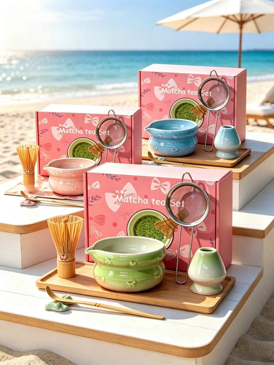 完整抹茶製作工具組，漸層陶瓷抹茶器具禮盒套裝，居家初學者茶道入門套裝。多色美學茶具，適合茶愛好者的理想節日與生日禮物，適用於茶店、咖啡店和甜點店，隨機款式與顏色