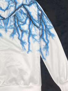 Men's White Pullover Sweatshirt, All Over Blue Lightning Graphic Print Drawstring Kangaroo Pocket Loose Hip Hop Street Sweatshirt, Fashionable Print Pullover Sweatshirt Suitable For Outdoor Sports And Casual Wear - White - View 6