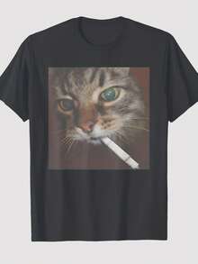Lustiges T-Shirt mit rauchendem Katzen-Meme - Ein grafisches und humorvolles Kurzarm-T-Shirt für die Generation Z, mit Rundhalsausschnitt für Männer und Frauen, ein satirisches Geschenk für Katzenliebhaber und - Schwarz - Übersicht 1