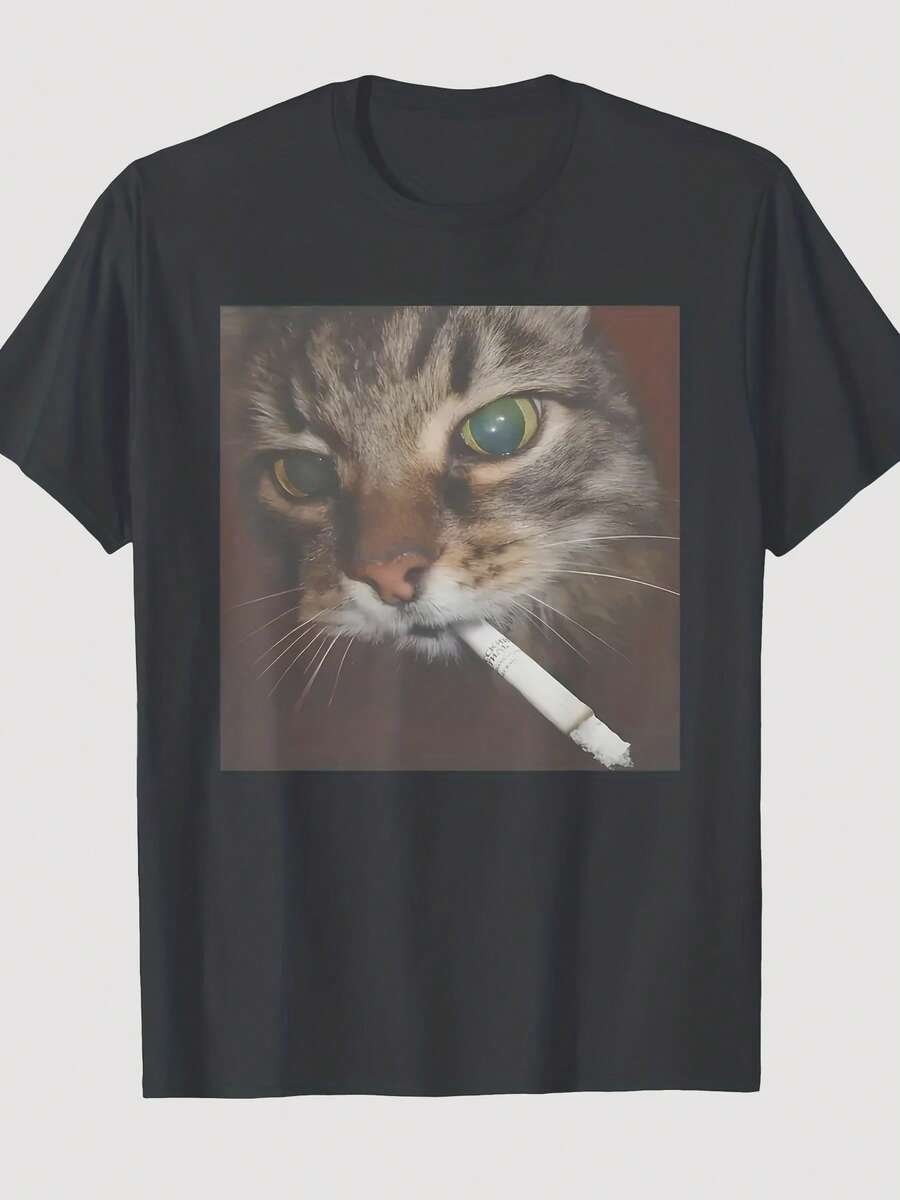 Lustiges T-Shirt mit rauchendem Katzen-Meme - Ein grafisches und humorvolles Kurzarm-T-Shirt für die Generation Z, mit Rundhalsausschnitt für Männer und Frauen, ein satirisches Geschenk für Katzenliebhaber und - Schwarz - Übersicht 1