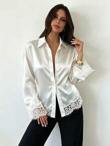 Women's Spring/Autumn Glossy Satin Lace Trim Turn-Down Collar Button-Up Flared Sleeve Asymmetrical Hem Waist Tie Long Sleeve Blouse - White - View 6