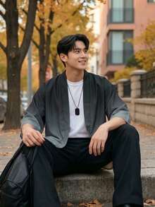 Men's Gradient Color Kimono Cardigan, Machine Washable - Grey - View 5
