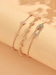 Juego de 3 pulseras de estilo de lujo de nicho con flores de strass, joyería de mujer con cadena fina dorada de moda, adecuado para uso diario, vacaciones de verano, citas, fiestas y festivales de música - Multicolor - Ver 3