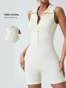 Women's V-Neck Polo Collar Button Design Sleeveless Jumpsuit, Ribbed Elastic Abdominal Compression Running Dance Fitness Yoga Tennis Sports Summer - White - View 1