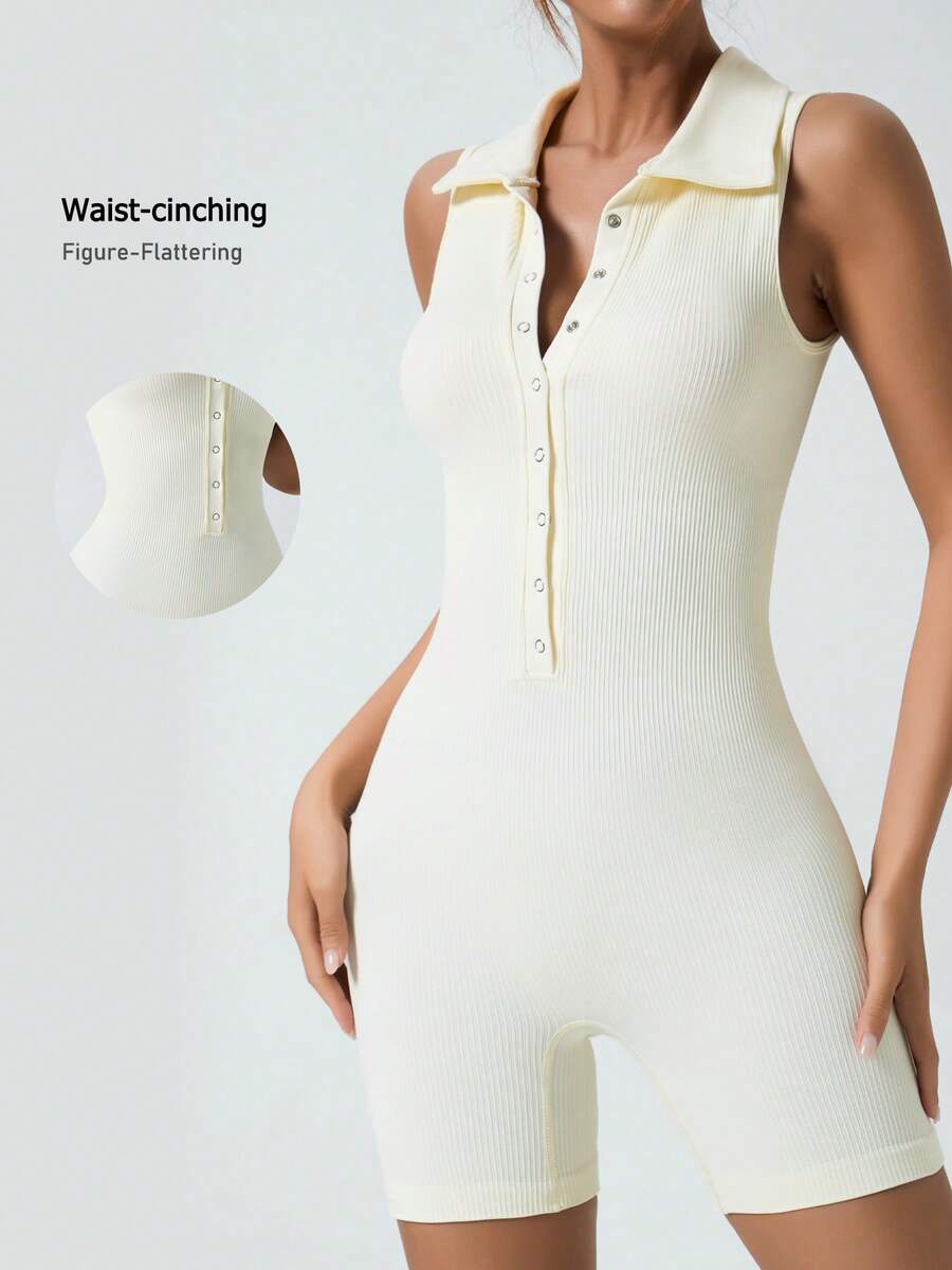 Women's V-Neck Polo Collar Button Design Sleeveless Jumpsuit, Ribbed Elastic Abdominal Compression Running Dance Fitness Yoga Tennis Sports Summer - White - View 1