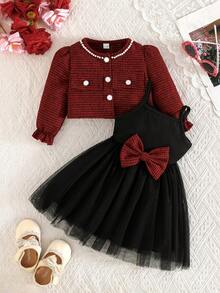 Little Girl Formal Occasion Fashion Elegant Vintage Style Outfit Exquisite Pearl Decorated Collar Jacket Paired With Ribbed Strap Bow Mesh Dress - Black - View 1