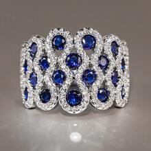 Light Luxury Eye-Catching Blue & White Color-Block Synthetic Zirconia Women's Ring, Unique Artistic Hollow Craft Design, Exquisite And Eye-Catching; Suitable For Weddings, Engagements, Formal Dinners And Other Occasions, Atmosphere Banquet Jewelry, Versatile Gift - Silver - View 1